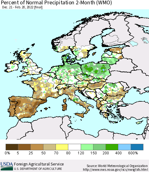 Europe Percent of Normal Precipitation 2-Month (WMO) Thematic Map For 12/21/2021 - 2/20/2022
