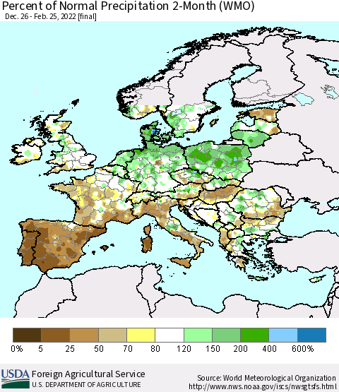 Europe Percent of Normal Precipitation 2-Month (WMO) Thematic Map For 12/26/2021 - 2/25/2022