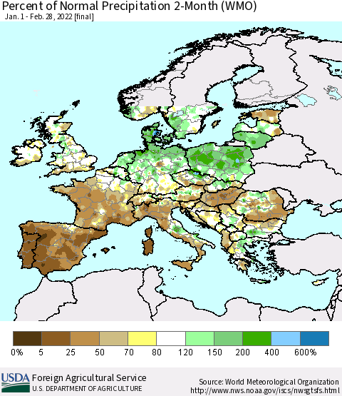 Europe Percent of Normal Precipitation 2-Month (WMO) Thematic Map For 1/1/2022 - 2/28/2022