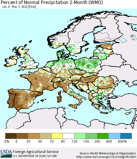 Europe Percent of Normal Precipitation 2-Month (WMO) Thematic Map For 1/6/2022 - 3/5/2022