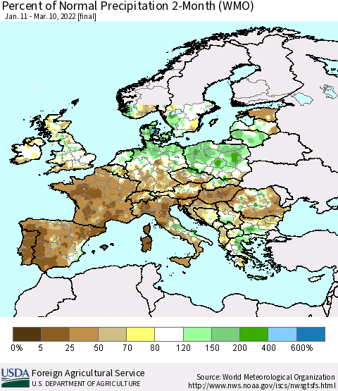 Europe Percent of Normal Precipitation 2-Month (WMO) Thematic Map For 1/11/2022 - 3/10/2022