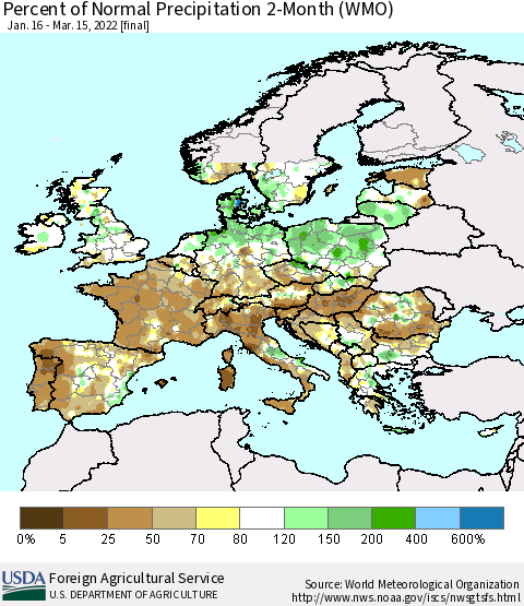 Europe Percent of Normal Precipitation 2-Month (WMO) Thematic Map For 1/16/2022 - 3/15/2022