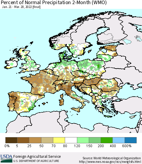 Europe Percent of Normal Precipitation 2-Month (WMO) Thematic Map For 1/21/2022 - 3/20/2022