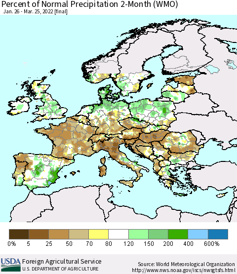 Europe Percent of Normal Precipitation 2-Month (WMO) Thematic Map For 1/26/2022 - 3/25/2022