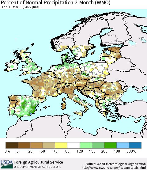 Europe Percent of Normal Precipitation 2-Month (WMO) Thematic Map For 2/1/2022 - 3/31/2022