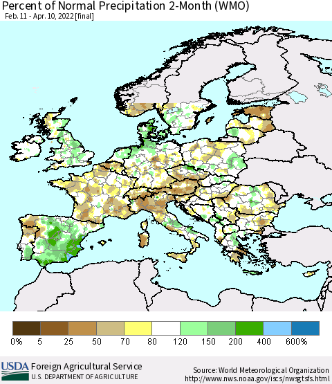 Europe Percent of Normal Precipitation 2-Month (WMO) Thematic Map For 2/11/2022 - 4/10/2022