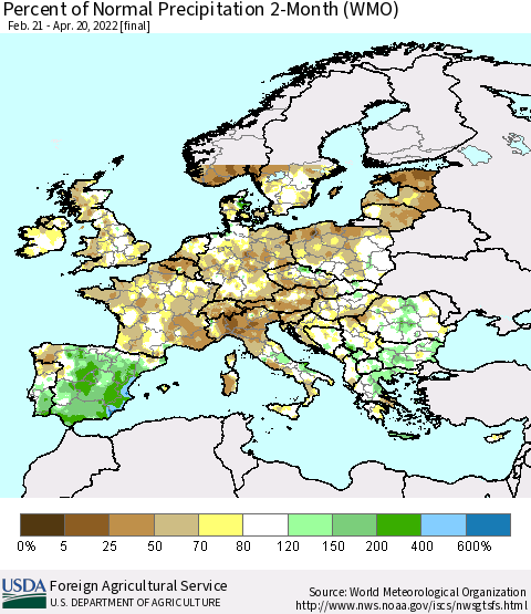 Europe Percent of Normal Precipitation 2-Month (WMO) Thematic Map For 2/21/2022 - 4/20/2022