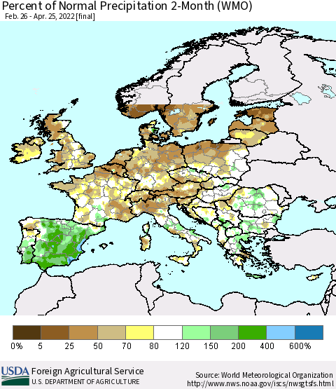 Europe Percent of Normal Precipitation 2-Month (WMO) Thematic Map For 2/26/2022 - 4/25/2022