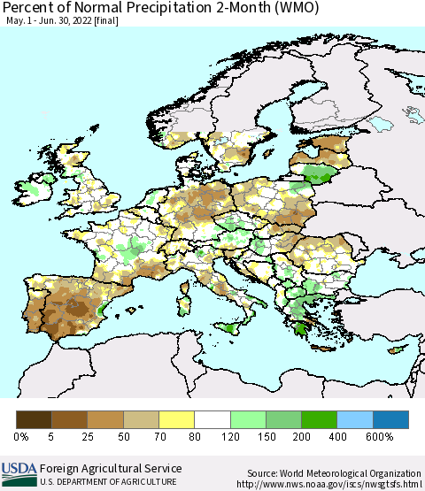 Europe Percent of Normal Precipitation 2-Month (WMO) Thematic Map For 5/1/2022 - 6/30/2022