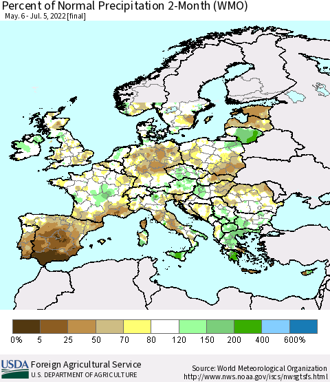 Europe Percent of Normal Precipitation 2-Month (WMO) Thematic Map For 5/6/2022 - 7/5/2022