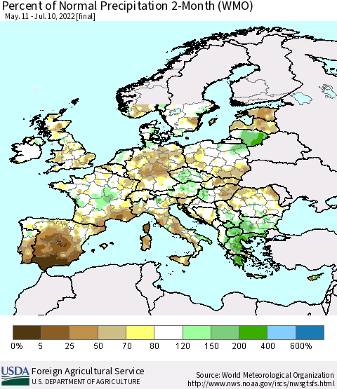 Europe Percent of Normal Precipitation 2-Month (WMO) Thematic Map For 5/11/2022 - 7/10/2022