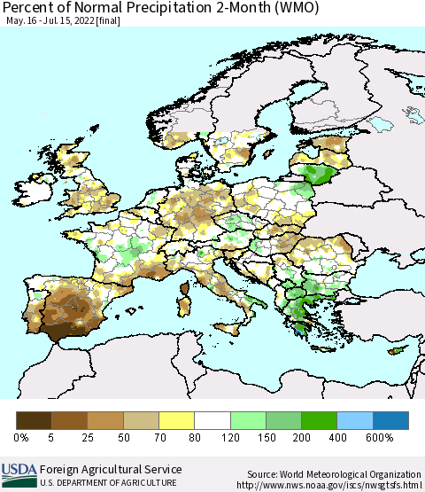 Europe Percent of Normal Precipitation 2-Month (WMO) Thematic Map For 5/16/2022 - 7/15/2022