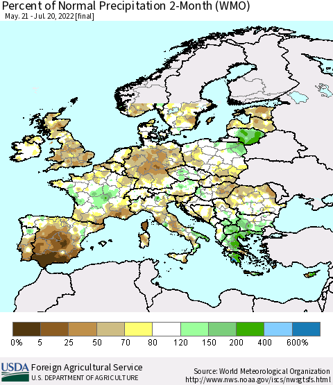 Europe Percent of Normal Precipitation 2-Month (WMO) Thematic Map For 5/21/2022 - 7/20/2022