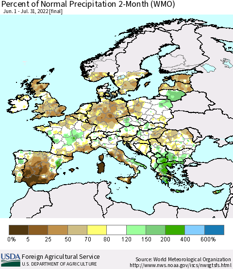 Europe Percent of Normal Precipitation 2-Month (WMO) Thematic Map For 6/1/2022 - 7/31/2022