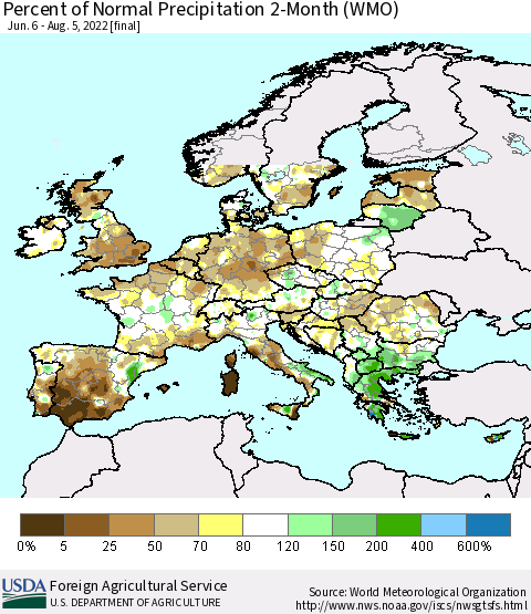 Europe Percent of Normal Precipitation 2-Month (WMO) Thematic Map For 6/6/2022 - 8/5/2022