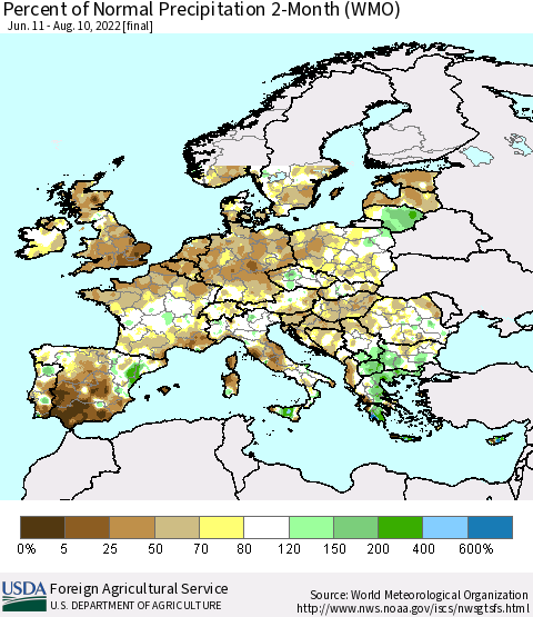 Europe Percent of Normal Precipitation 2-Month (WMO) Thematic Map For 6/11/2022 - 8/10/2022