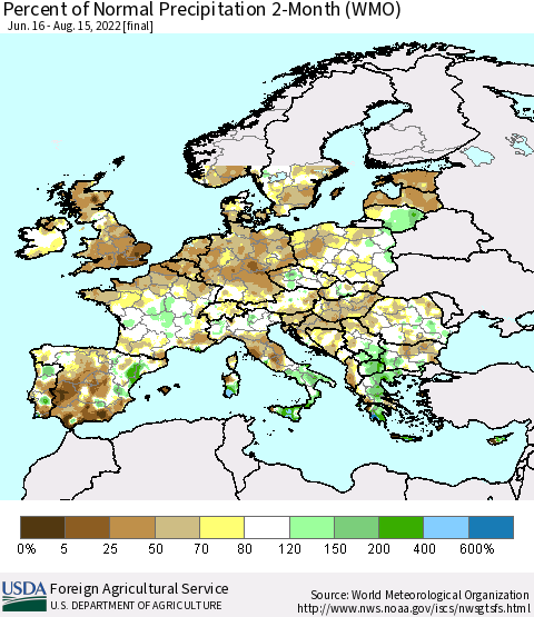 Europe Percent of Normal Precipitation 2-Month (WMO) Thematic Map For 6/16/2022 - 8/15/2022