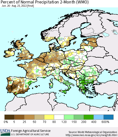Europe Percent of Normal Precipitation 2-Month (WMO) Thematic Map For 6/26/2022 - 8/25/2022