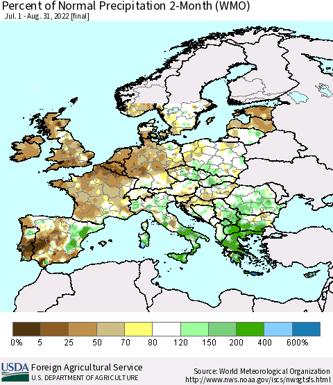 Europe Percent of Normal Precipitation 2-Month (WMO) Thematic Map For 7/1/2022 - 8/31/2022