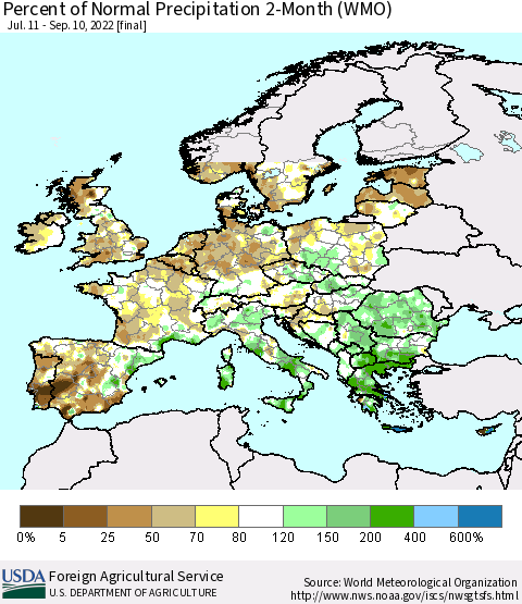 Europe Percent of Normal Precipitation 2-Month (WMO) Thematic Map For 7/11/2022 - 9/10/2022