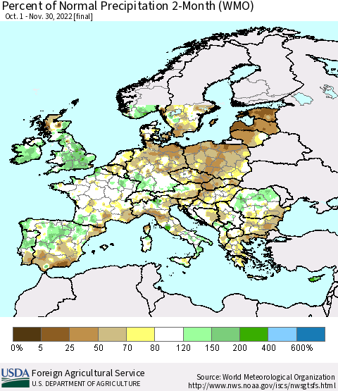 Europe Percent of Normal Precipitation 2-Month (WMO) Thematic Map For 10/1/2022 - 11/30/2022