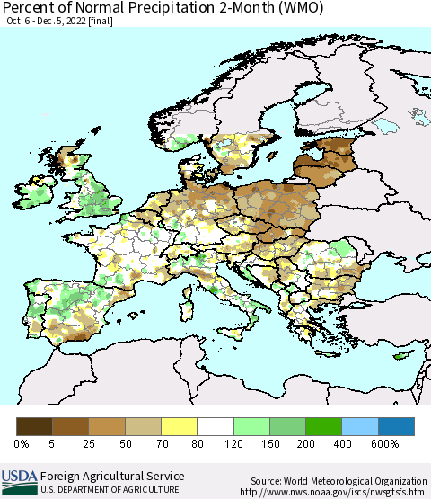 Europe Percent of Normal Precipitation 2-Month (WMO) Thematic Map For 10/6/2022 - 12/5/2022