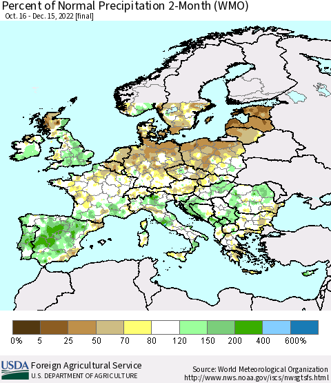 Europe Percent of Normal Precipitation 2-Month (WMO) Thematic Map For 10/16/2022 - 12/15/2022