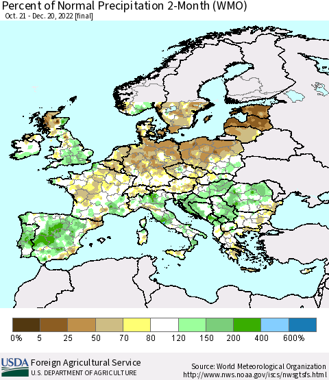 Europe Percent of Normal Precipitation 2-Month (WMO) Thematic Map For 10/21/2022 - 12/20/2022