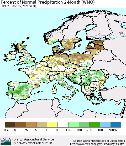 Europe Percent of Normal Precipitation 2-Month (WMO) Thematic Map For 10/26/2022 - 12/25/2022