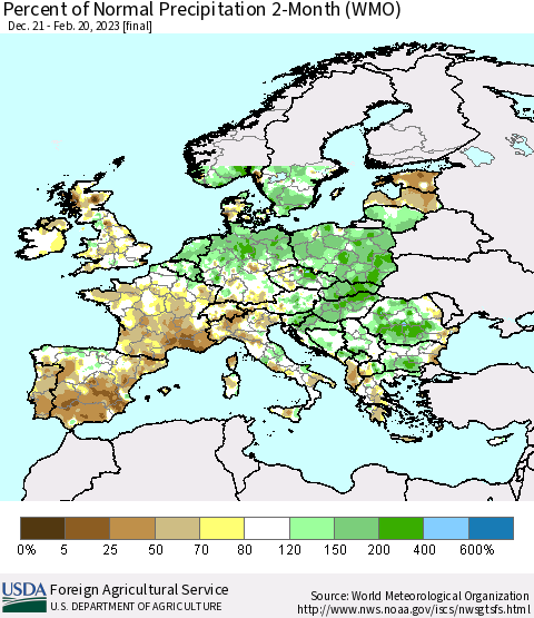 Europe Percent of Normal Precipitation 2-Month (WMO) Thematic Map For 12/21/2022 - 2/20/2023