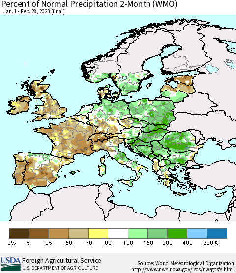 Europe Percent of Normal Precipitation 2-Month (WMO) Thematic Map For 1/1/2023 - 2/28/2023