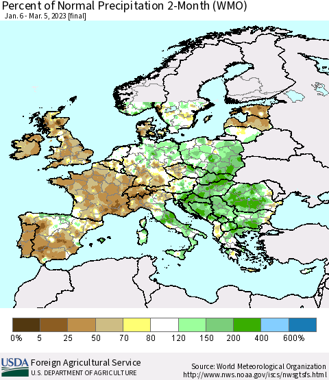 Europe Percent of Normal Precipitation 2-Month (WMO) Thematic Map For 1/6/2023 - 3/5/2023