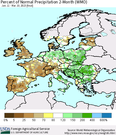 Europe Percent of Normal Precipitation 2-Month (WMO) Thematic Map For 1/11/2023 - 3/10/2023