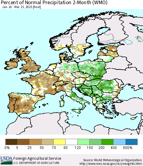 Europe Percent of Normal Precipitation 2-Month (WMO) Thematic Map For 1/16/2023 - 3/15/2023