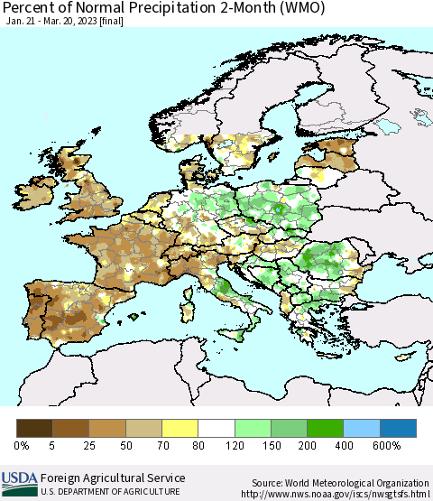 Europe Percent of Normal Precipitation 2-Month (WMO) Thematic Map For 1/21/2023 - 3/20/2023