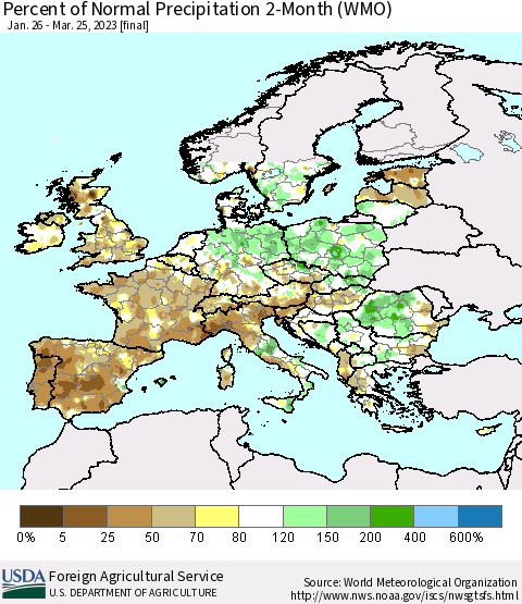 Europe Percent of Normal Precipitation 2-Month (WMO) Thematic Map For 1/26/2023 - 3/25/2023