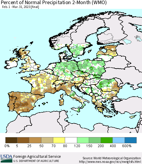 Europe Percent of Normal Precipitation 2-Month (WMO) Thematic Map For 2/1/2023 - 3/31/2023