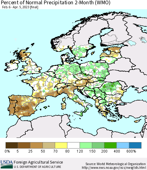 Europe Percent of Normal Precipitation 2-Month (WMO) Thematic Map For 2/6/2023 - 4/5/2023