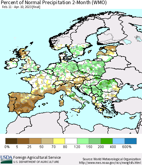 Europe Percent of Normal Precipitation 2-Month (WMO) Thematic Map For 2/11/2023 - 4/10/2023