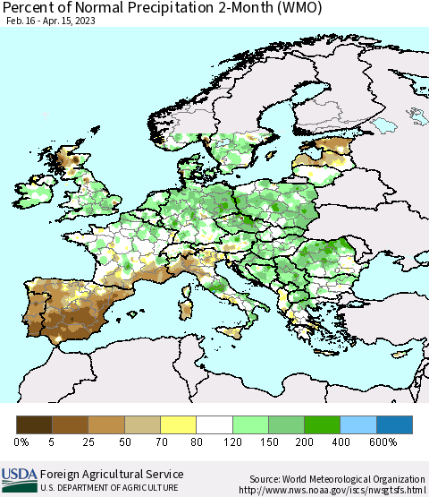 Europe Percent of Normal Precipitation 2-Month (WMO) Thematic Map For 2/16/2023 - 4/15/2023
