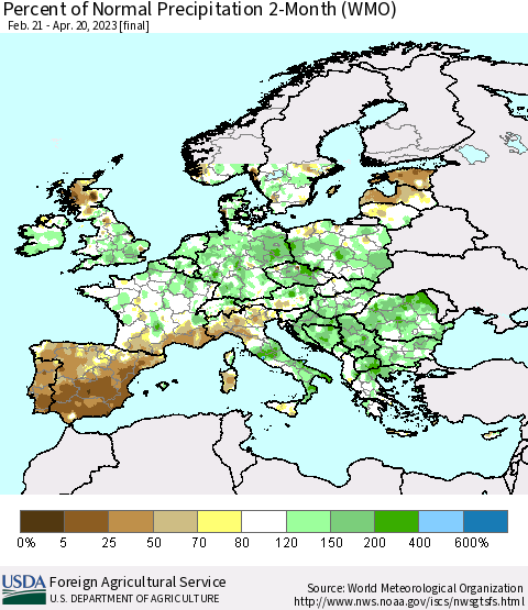 Europe Percent of Normal Precipitation 2-Month (WMO) Thematic Map For 2/21/2023 - 4/20/2023