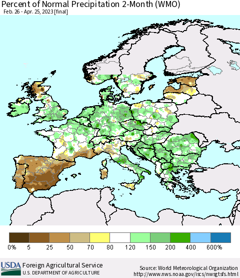 Europe Percent of Normal Precipitation 2-Month (WMO) Thematic Map For 2/26/2023 - 4/25/2023