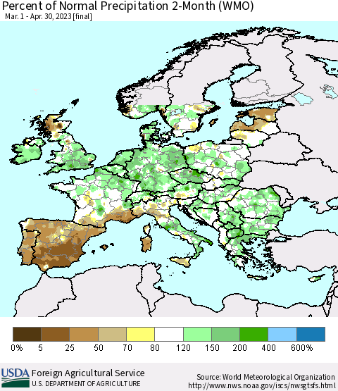 Europe Percent of Normal Precipitation 2-Month (WMO) Thematic Map For 3/1/2023 - 4/30/2023