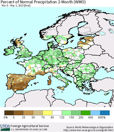 Europe Percent of Normal Precipitation 2-Month (WMO) Thematic Map For 3/6/2023 - 5/5/2023