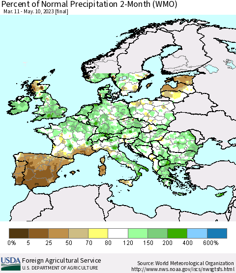 Europe Percent of Normal Precipitation 2-Month (WMO) Thematic Map For 3/11/2023 - 5/10/2023