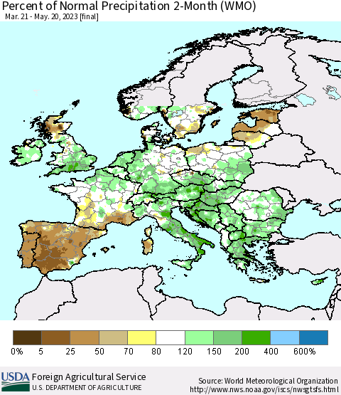 Europe Percent of Normal Precipitation 2-Month (WMO) Thematic Map For 3/21/2023 - 5/20/2023