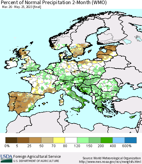 Europe Percent of Normal Precipitation 2-Month (WMO) Thematic Map For 3/26/2023 - 5/25/2023