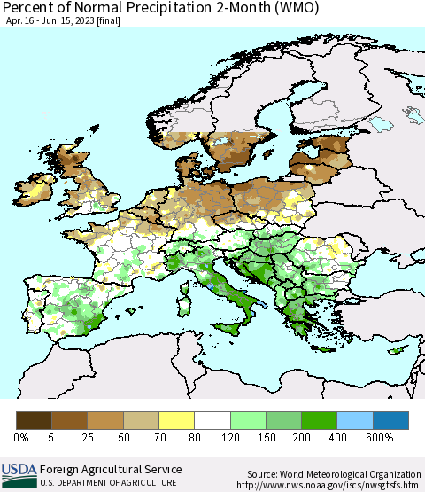Europe Percent of Normal Precipitation 2-Month (WMO) Thematic Map For 4/16/2023 - 6/15/2023