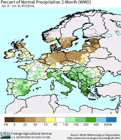 Europe Percent of Normal Precipitation 2-Month (WMO) Thematic Map For 4/21/2023 - 6/20/2023
