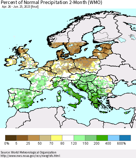 Europe Percent of Normal Precipitation 2-Month (WMO) Thematic Map For 4/26/2023 - 6/25/2023